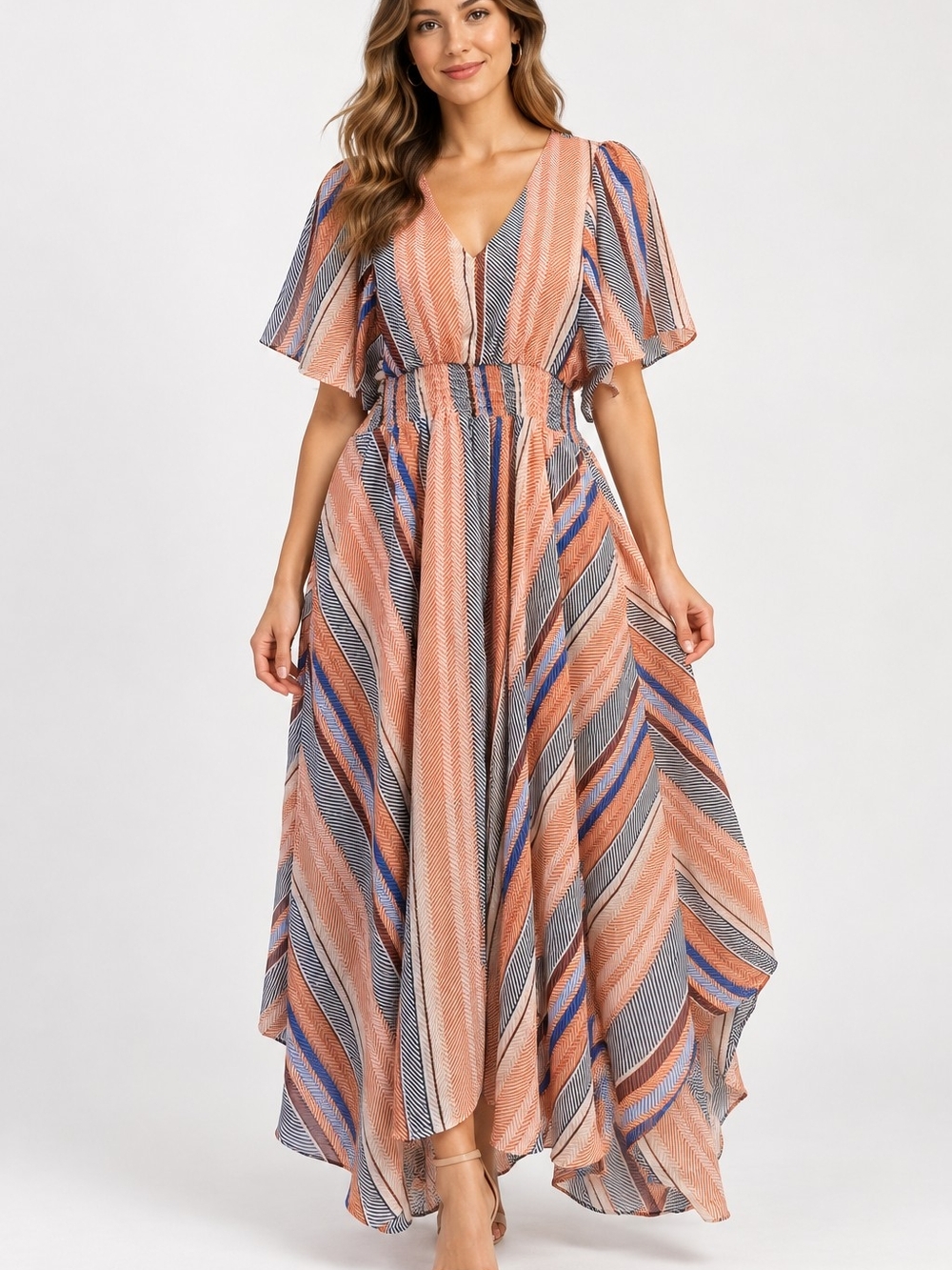 Melloday Women’s XS Geometric Stripe Maxi Dress Flutter Sleeve V-Neck Boho